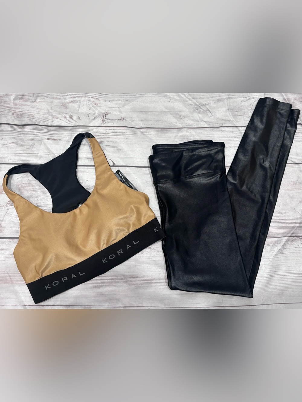 Koral Black Shiny Leggings and Gold/Tan Sports Bra Set